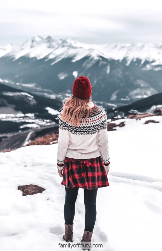 Person in winter attire standing on snowy mountain with scenic views.