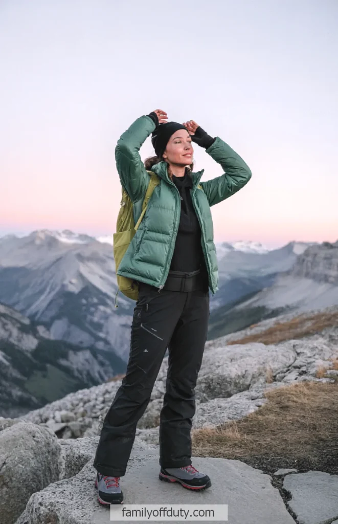 Woman enjoying a mountain hike at sunset, wearing a green jacket and backpack. Perfect outdoor adventure.