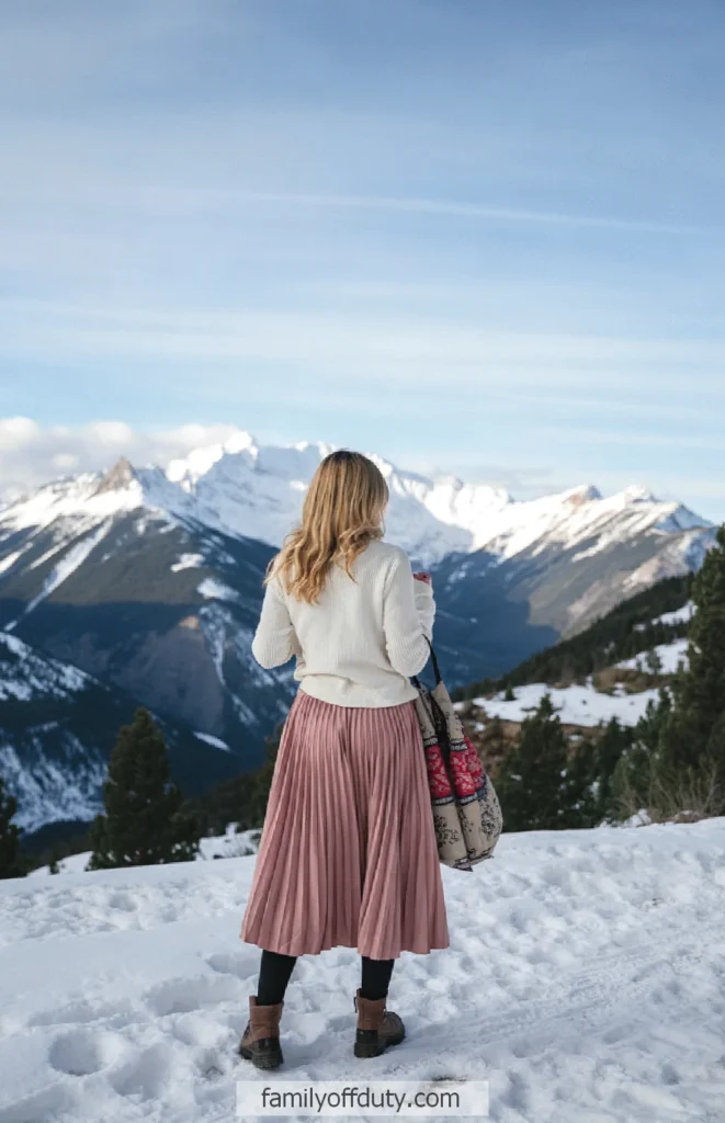 Woman in pink skirt admiring snowy mountain view, standing on a snow-covered slope under a clear blue sky.