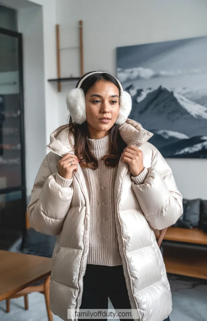 Woman in cozy winter outfit with earmuffs and puffer jacket in a modern living room.
