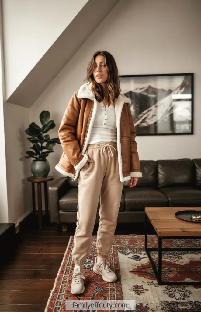 Woman in cozy winter outfit with brown shearling jacket and beige joggers, standing in stylish living room setting.