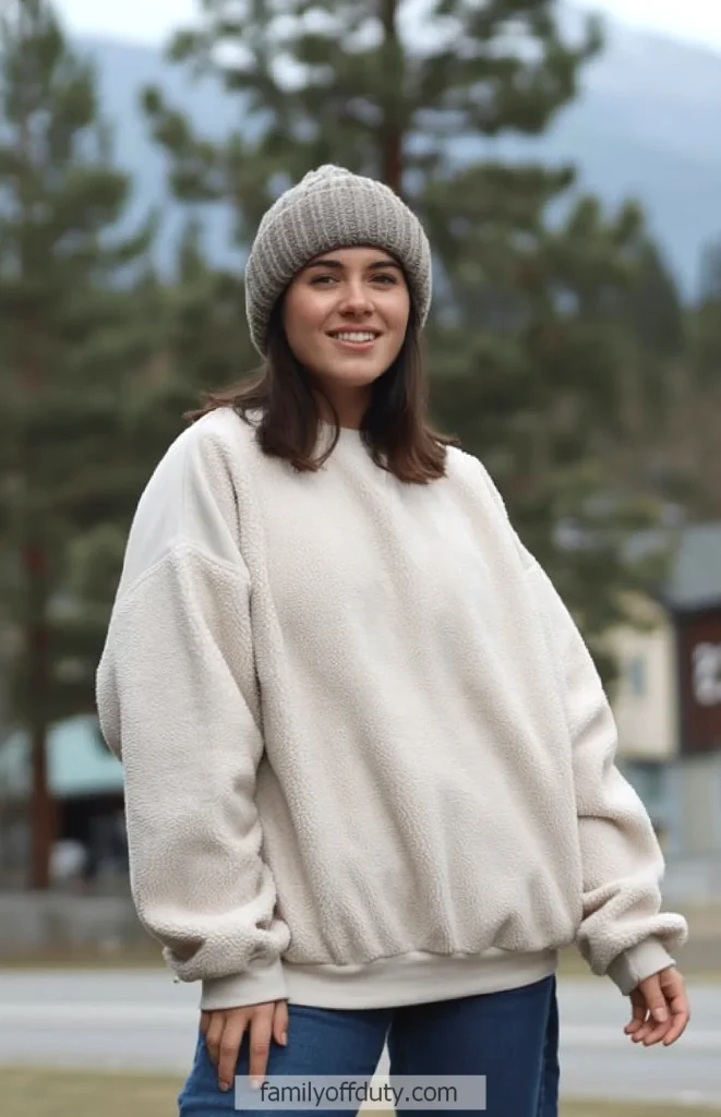 Woman in a cozy sweater and beanie smiling outdoors with trees in the background.