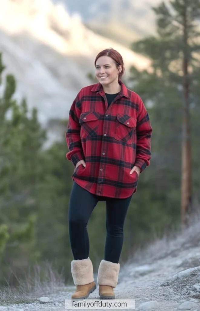 Woman in red plaid shirt and boots walking outdoors on a rocky path, surrounded by trees and mountains.