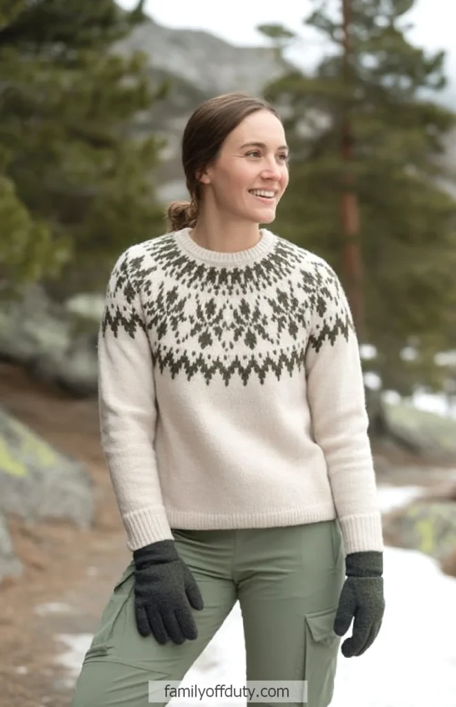 Smiling woman in Nordic sweater and gloves, enjoying a winter hike in the forest.