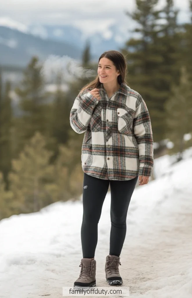 Smiling woman in plaid jacket hiking on snowy trail with mountains in background.