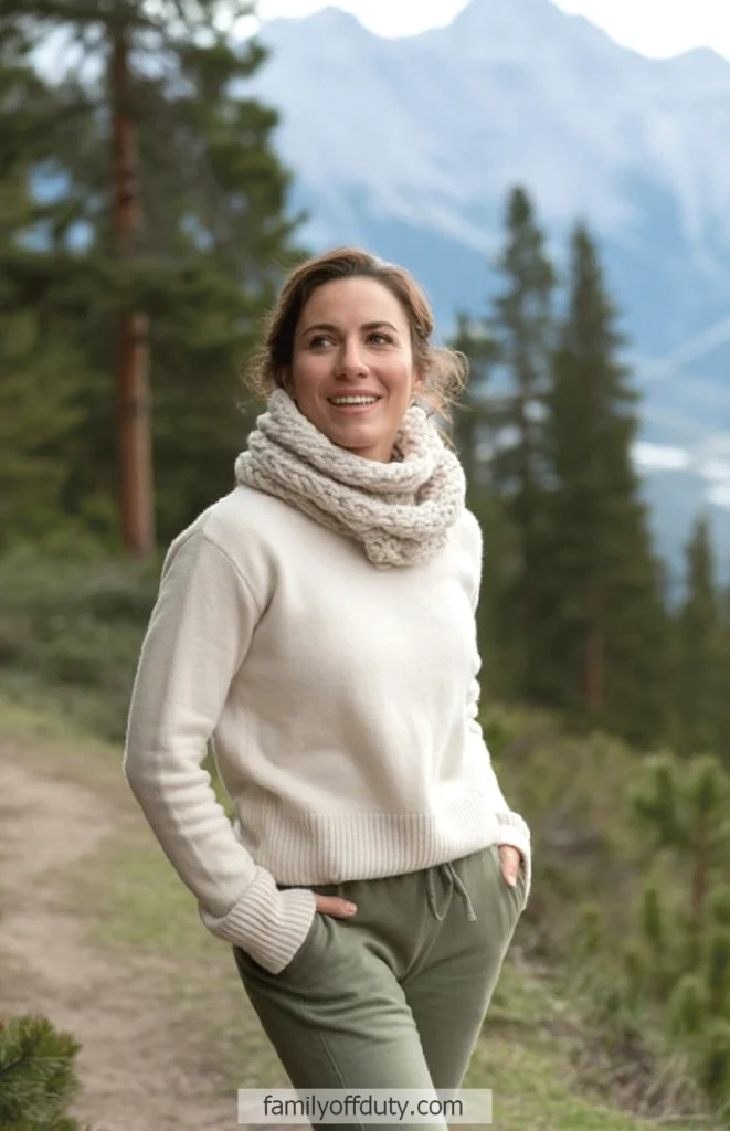 Woman enjoying mountain hike, wearing cozy sweater and scarf, surrounded by trees and scenic views.