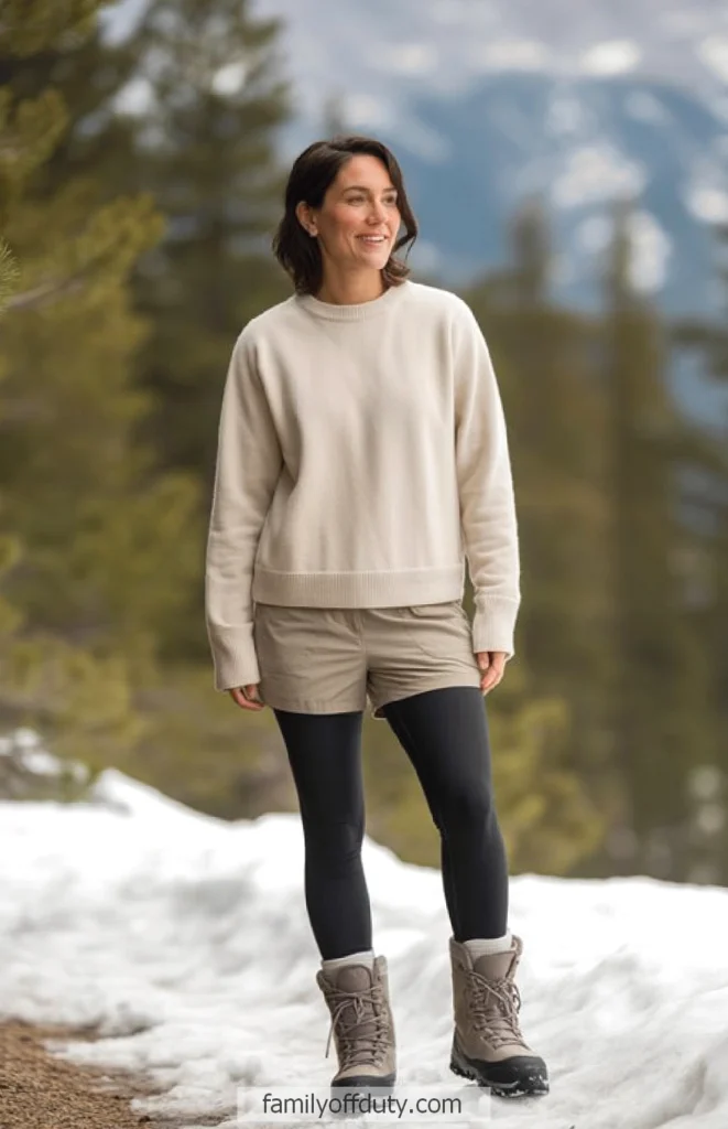 Woman in winter attire enjoys a snowy mountain hike.