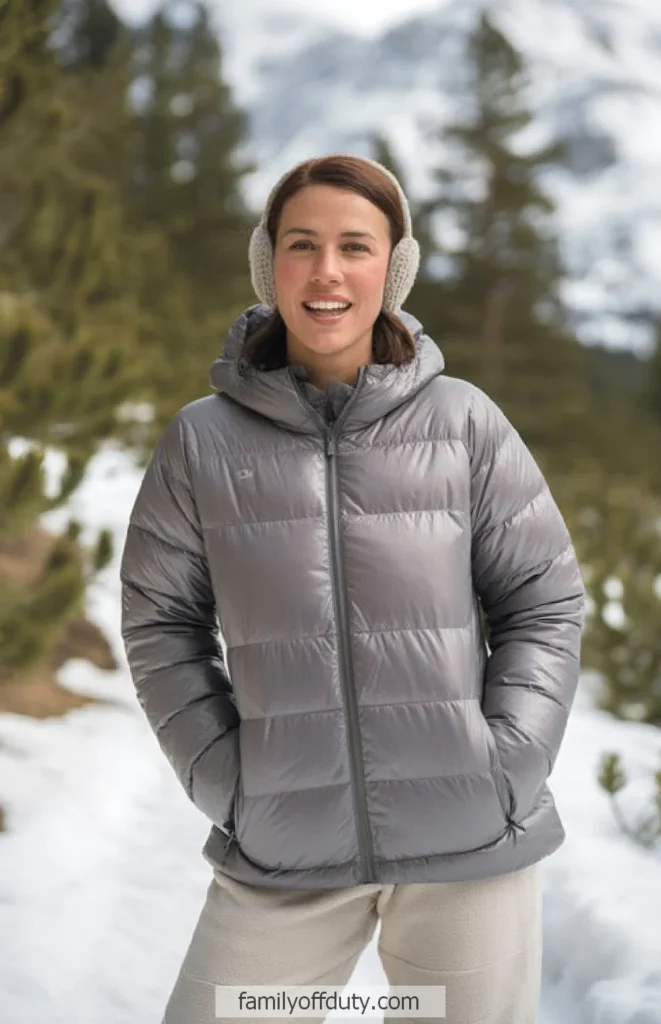 Woman in a gray puffer jacket and earmuffs smiling outdoors in snowy forest background.