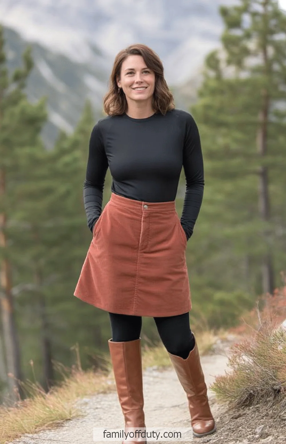 Mountain vacation outfit ideas. Woman in fall outfit, black top and brown skirt, standing on a forest path with trees in the background.