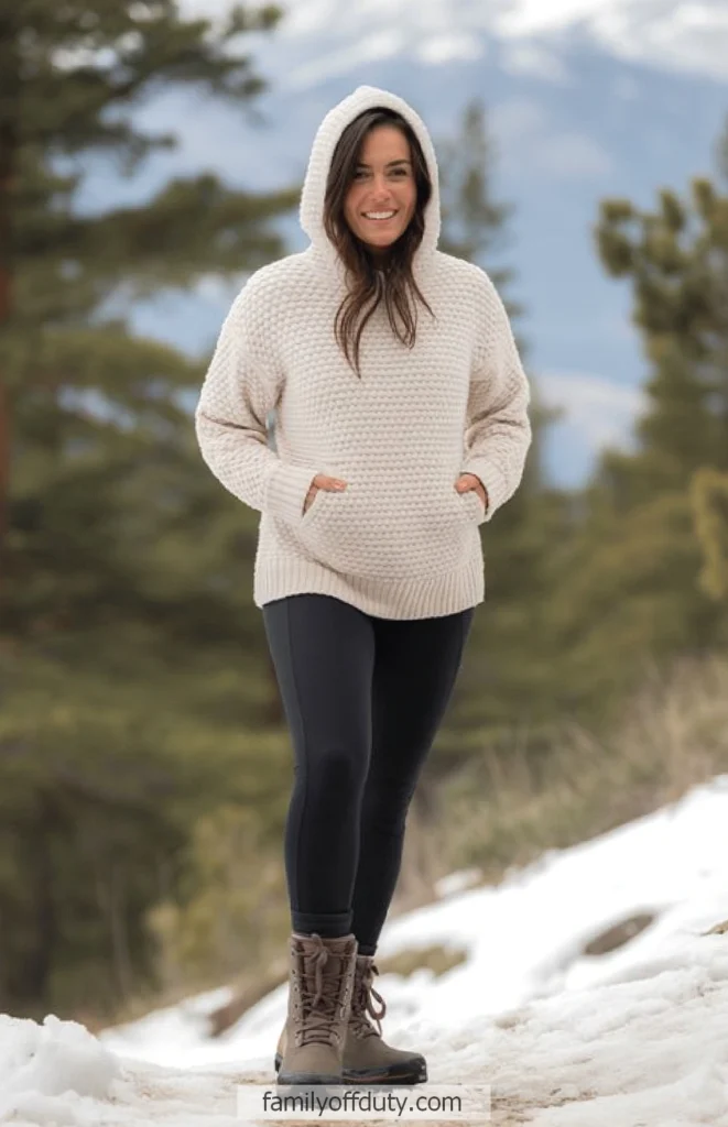 Smiling woman in winter outfit walks through snowy forest trail with mountains in the background.