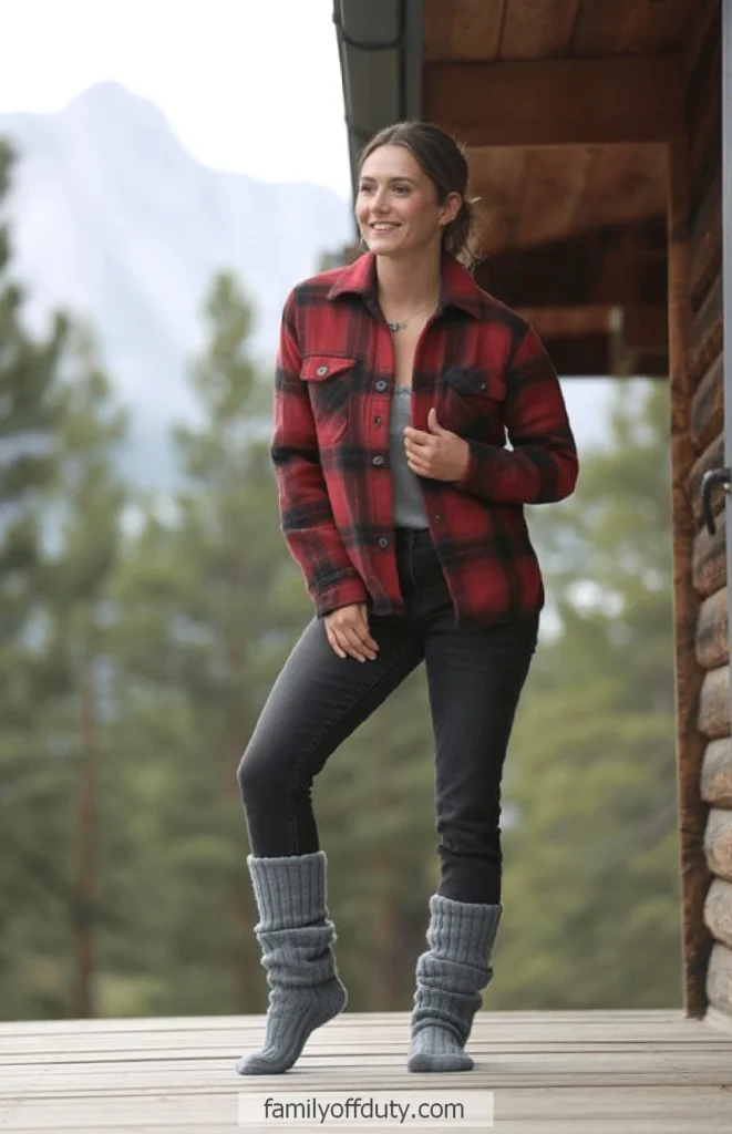 Woman in red plaid shirt stands on porch with mountain view. Cozy, outdoors fashion style.