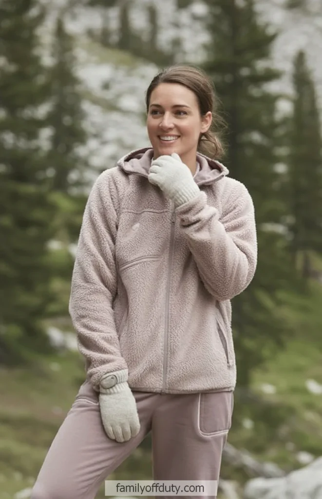 Woman in cozy fleece jacket and gloves enjoying outdoor winter landscape.