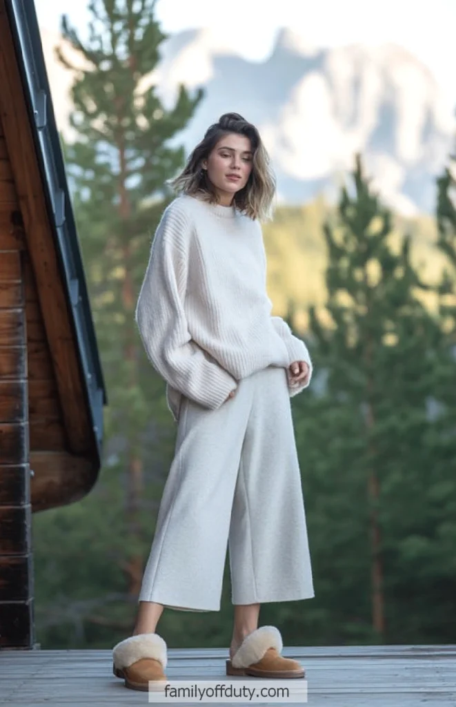 Woman in cozy sweater and wide pants stands by cabin in forested mountain area.
