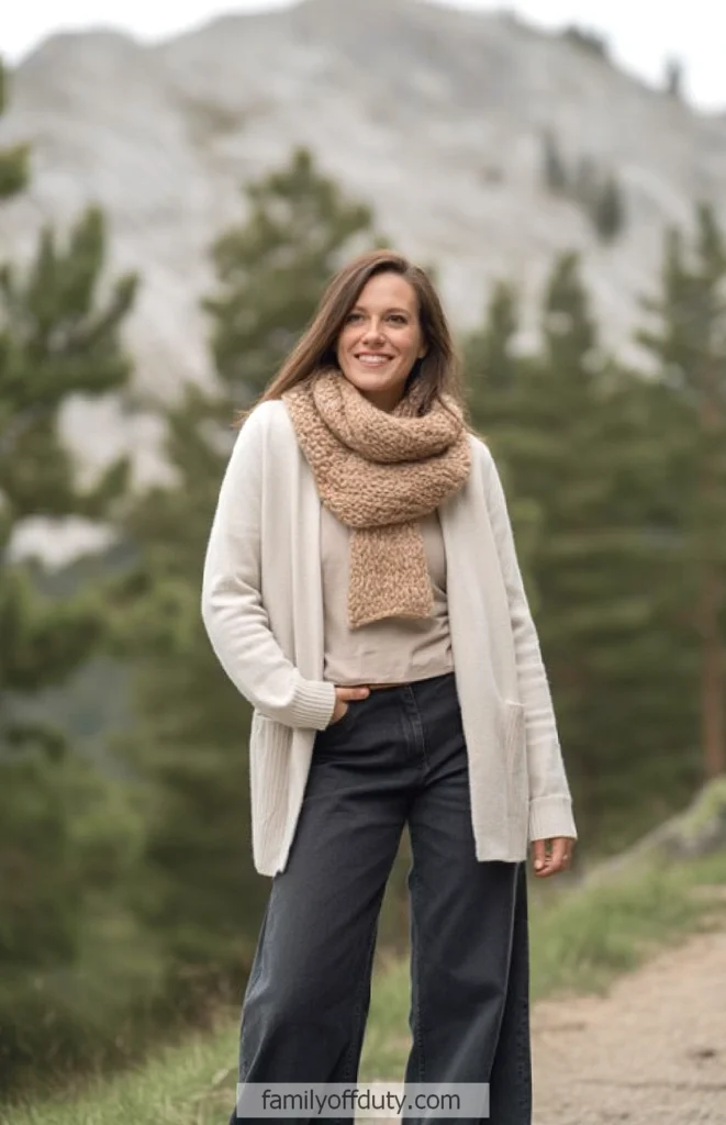 Smiling woman in cozy scarf and cardigan enjoying a serene outdoor mountain setting.
