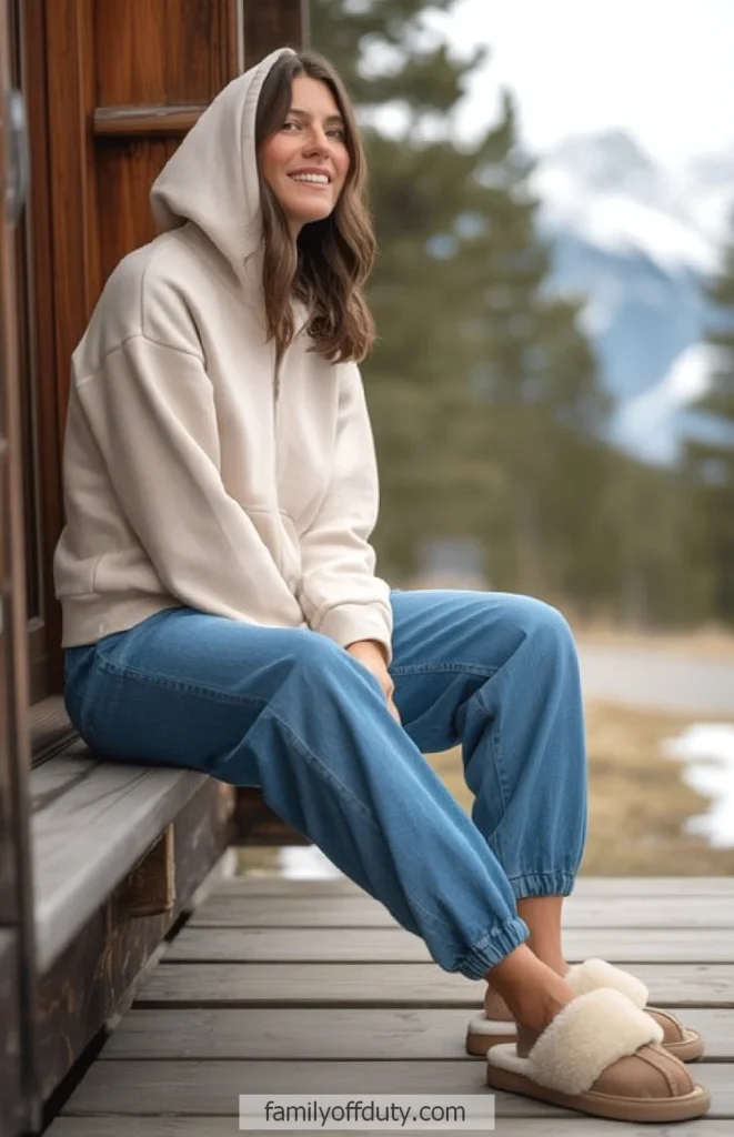 Woman in a hoodie sits on a wooden bench outdoors, wearing jeans and fluffy slippers, smiling in a scenic setting.