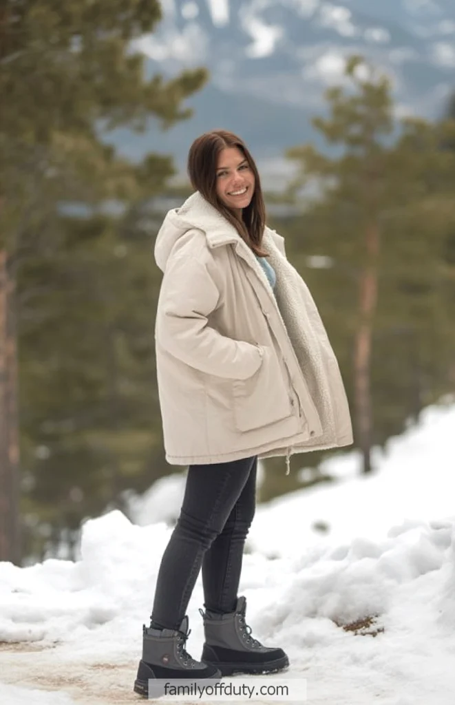 Smiling woman in winter jacket and boots standing in snowy landscape with trees.