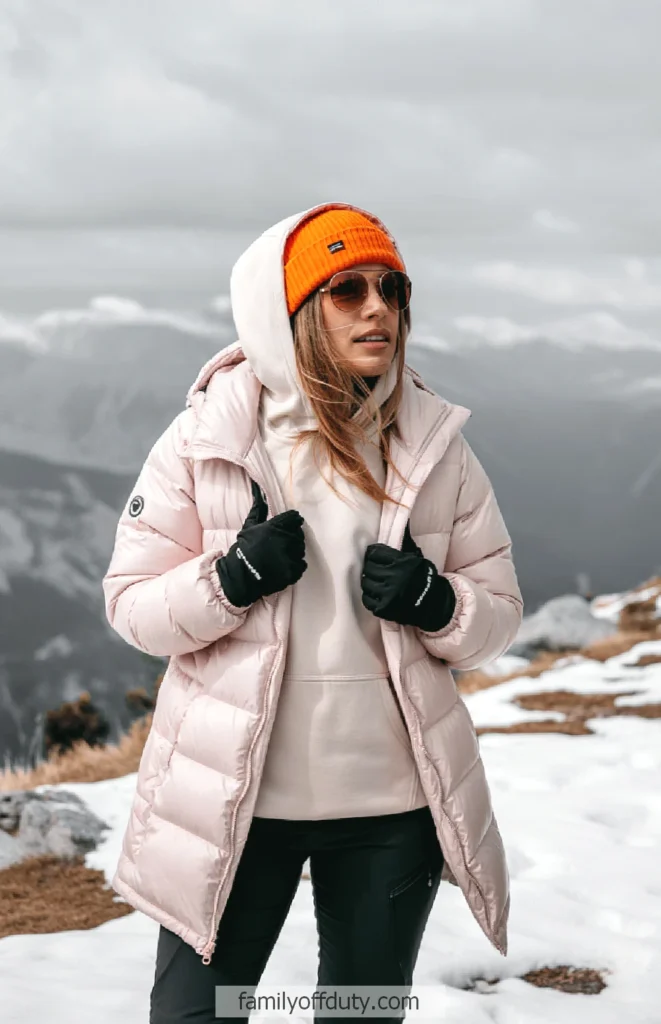 Woman in winter clothing enjoying a snowy mountain landscape, wearing a pink coat and orange beanie.