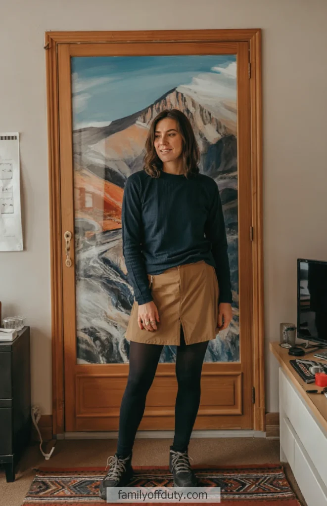 Woman smiling indoors, standing in front of a wooden door with a mountain landscape painting.