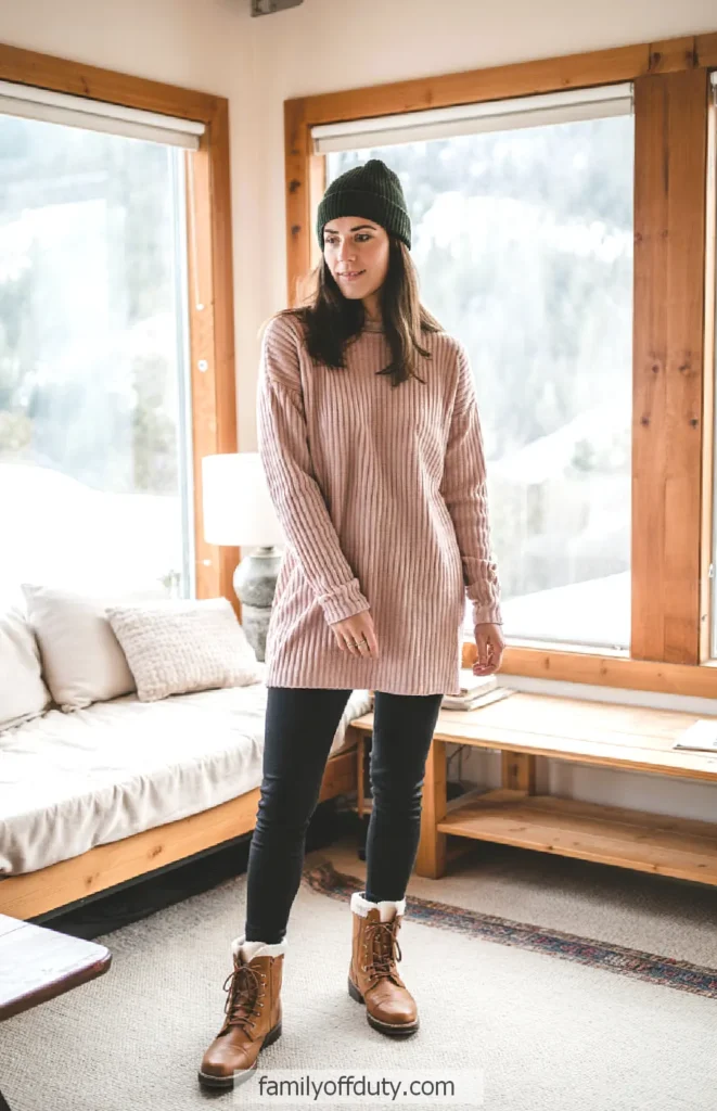 Woman in cozy winter outfit with sweater, hat, and boots standing in a sunlit cabin living room.