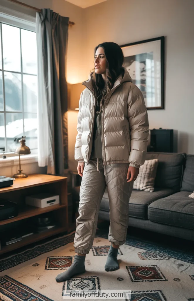 Woman in cozy winter outfit stands by window in stylish living room.