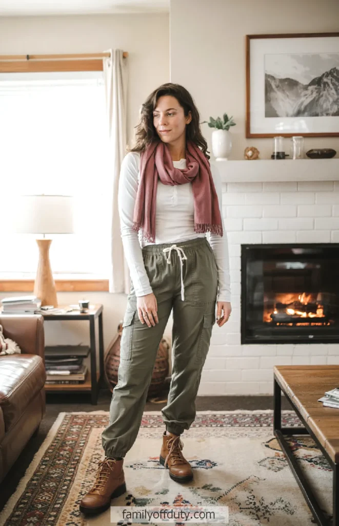 Woman wearing casual clothes stands relaxed near fireplace in cozy living room.