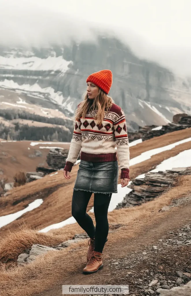 Woman in winter clothes hiking on mountain path, wearing red beanie and Nordic sweater.
