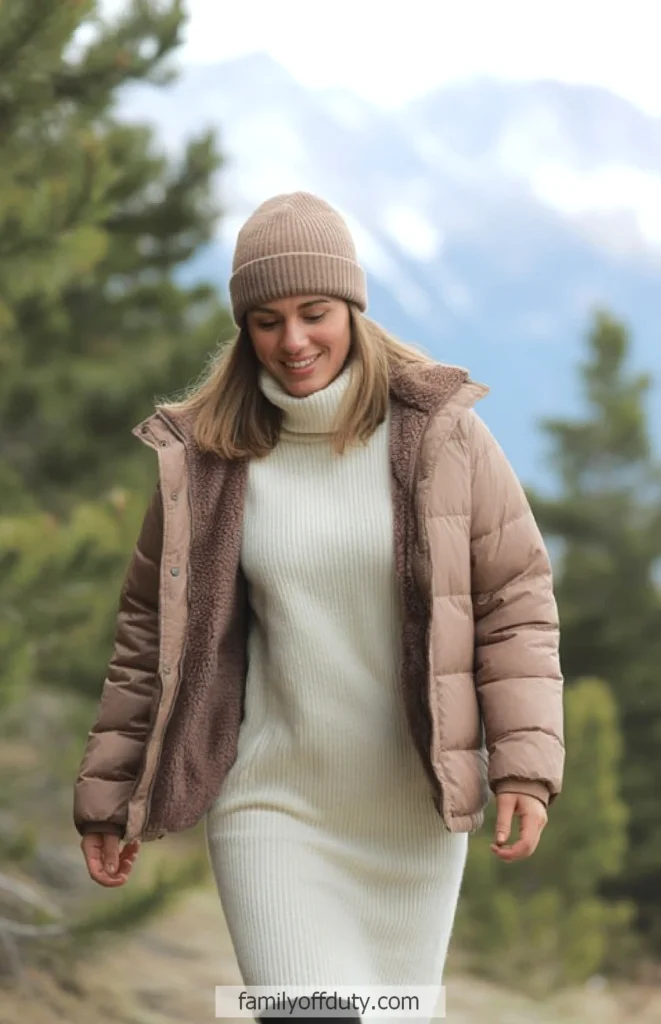 Woman in warm winter attire hiking on a mountain trail, surrounded by pine trees.