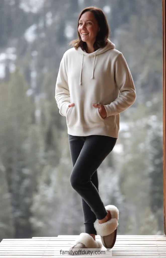 Smiling person in cozy hoodie and slippers enjoying a winter balcony view.