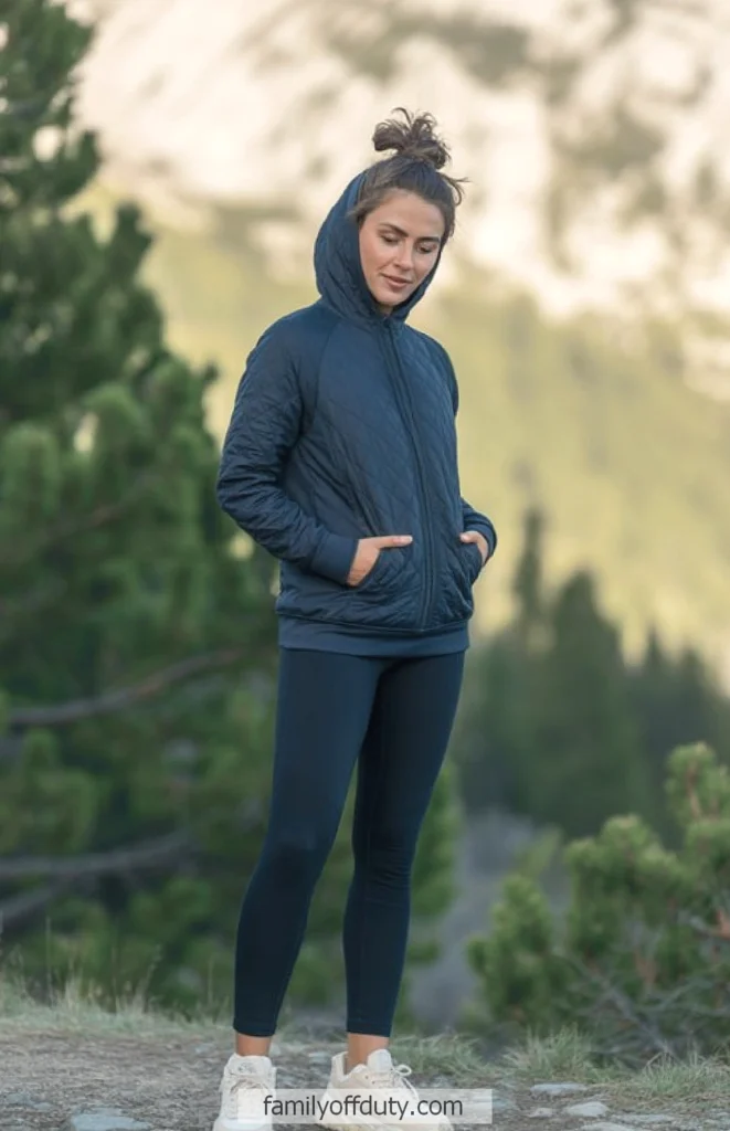 Woman in a blue hooded jacket and leggings enjoys a scenic hike in the mountains.