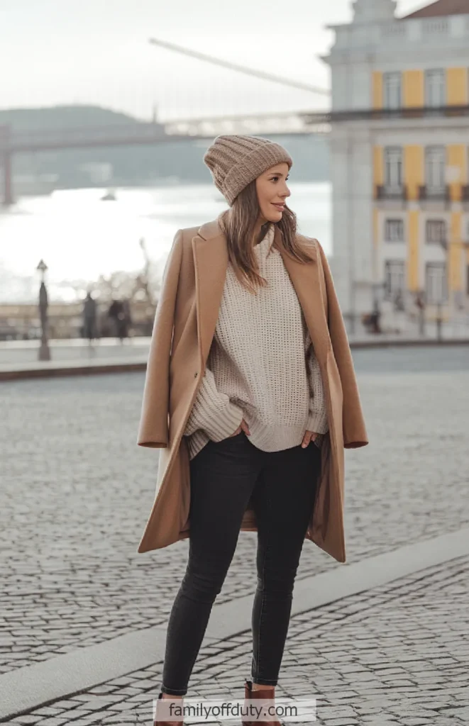 Woman in casual winter outfit with coat and beanie, standing by a scenic waterfront.