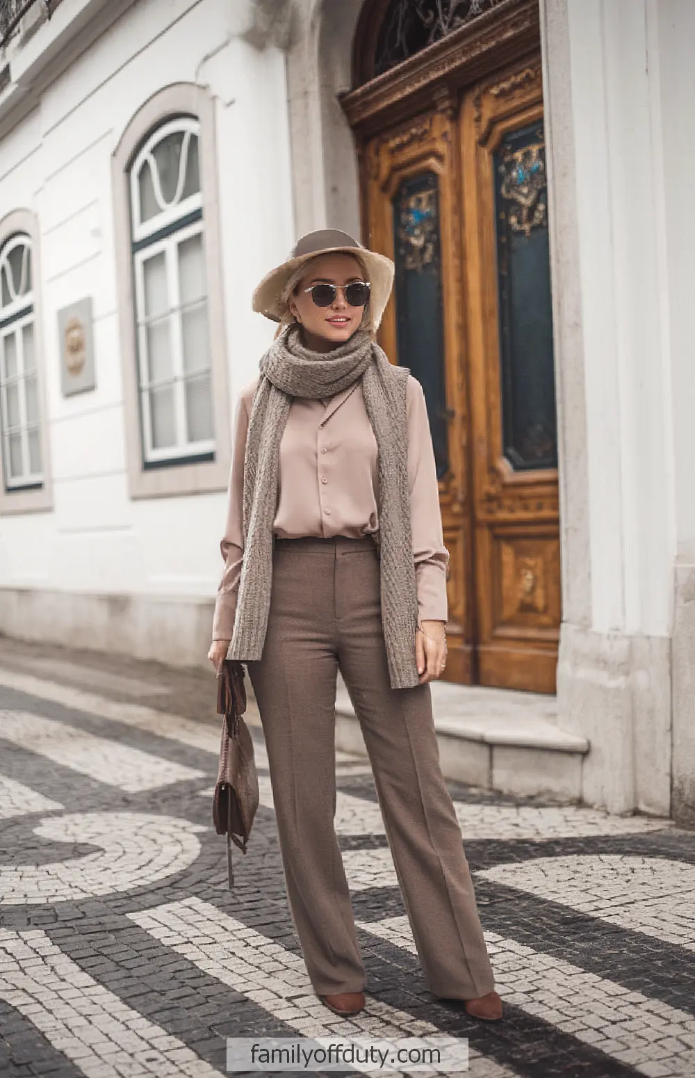 Stylish woman in beige, wearing scarf and hat, stands by ornate door on patterned street.