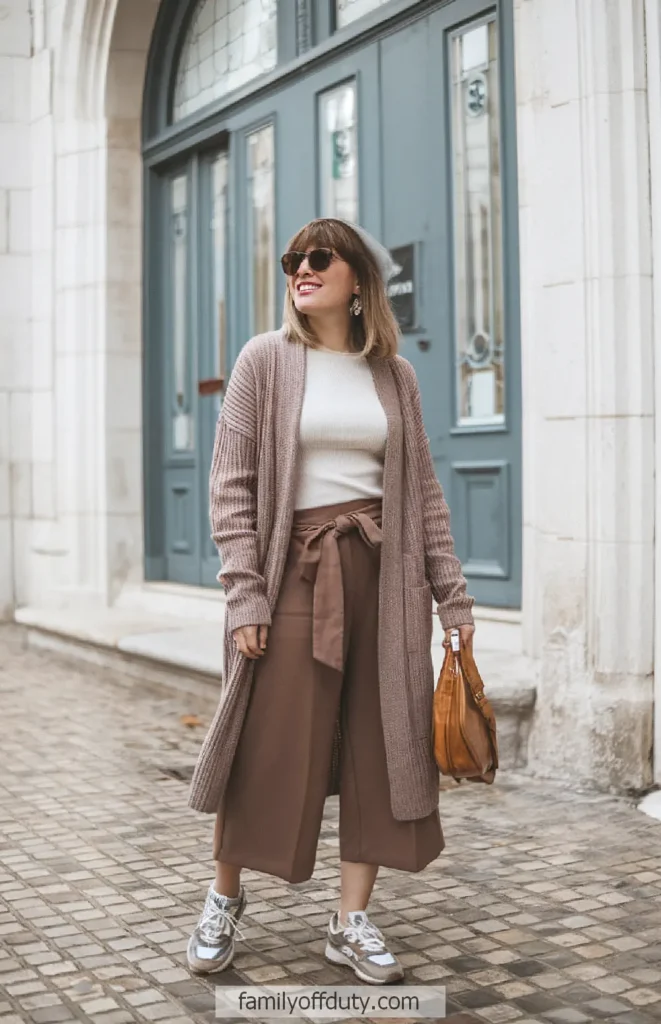 Stylish woman in fall fashion with cardigan, culottes, and sunglasses, smiling outside a door with cobblestone path.