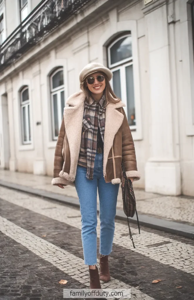 Woman in stylish winter fashion with shearling jacket, jeans, and beret walking on a city sidewalk.