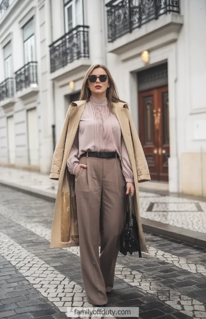 Stylish woman in elegant beige outfit walking in a city street, wearing sunglasses and a trench coat.