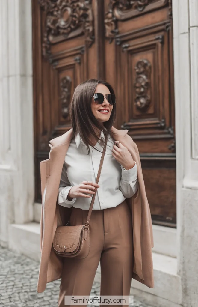 Woman in stylish beige outfit and sunglasses posing confidently near ornate wooden door.