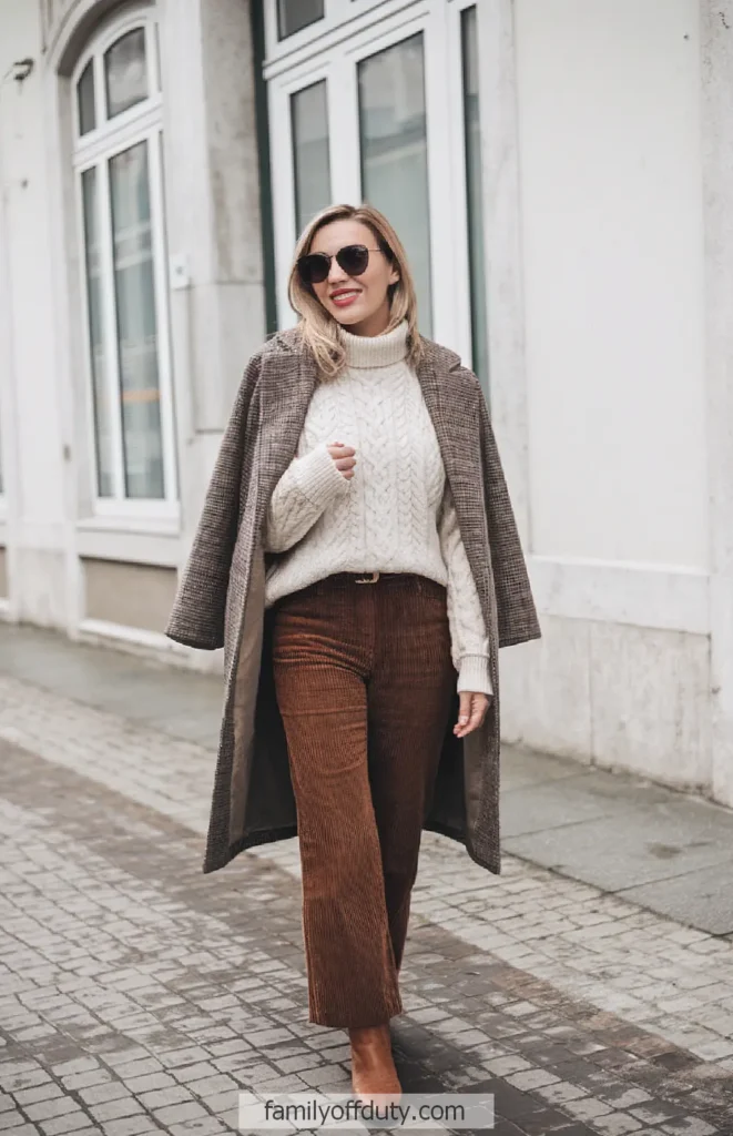 Stylish woman in fall fashion: white sweater, brown coat, and pants, walking down a city street with confidence.