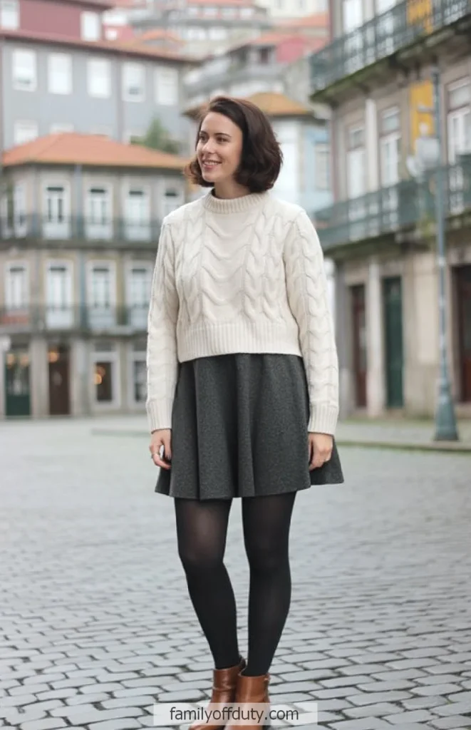 Woman smiling in cozy white sweater and skirt on cobblestone street background.
