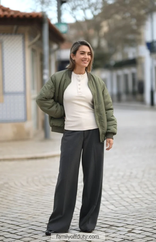 Stylish woman in a green jacket and grey pants, smiling on a cobblestone street.