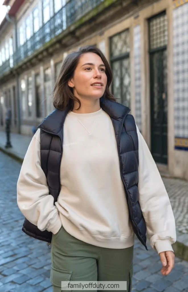 Woman in casual attire walks down a picturesque cobblestone street, wearing a cream sweater and puffy vest.
