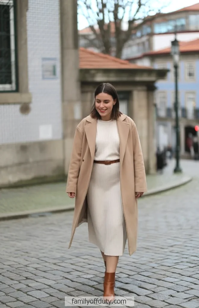 Woman in beige coat and white dress walking on cobblestone street, smiling.