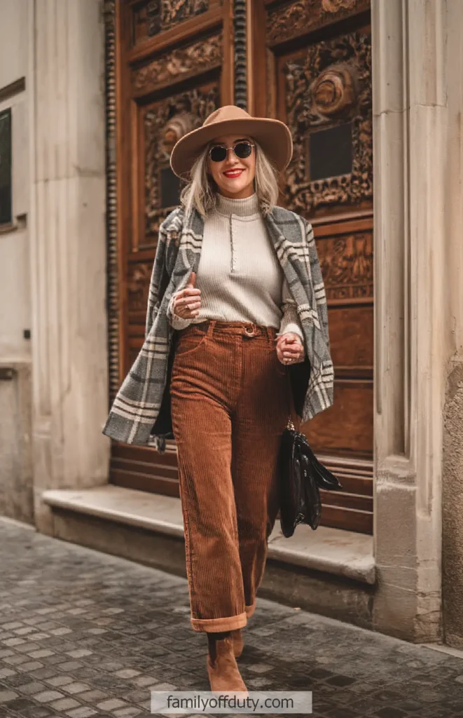 Stylish woman in fall fashion: plaid coat, hat, sunglasses, in front of ornate door.