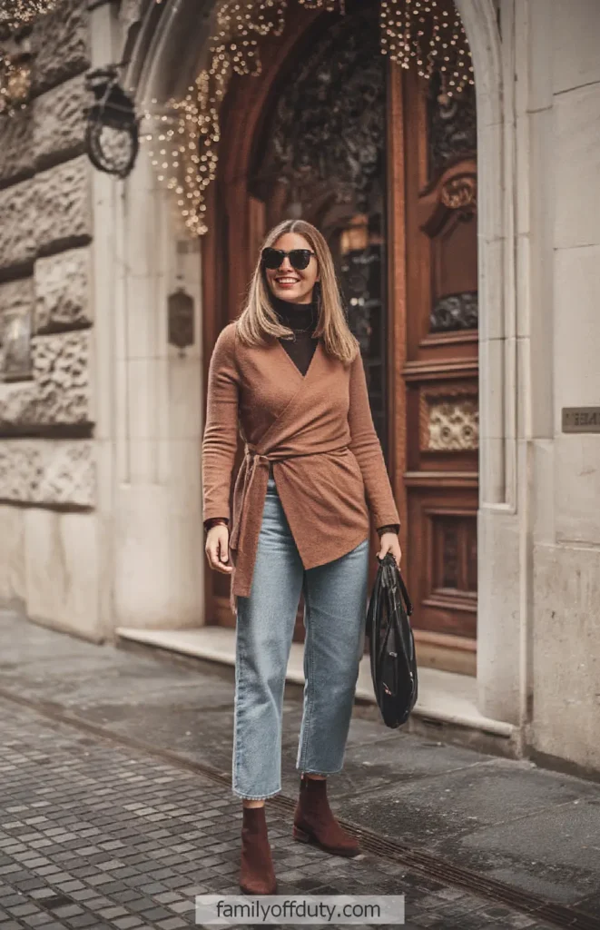 Woman in stylish fall outfit with brown wrap sweater and jeans, walking outside a vintage building with festive lights.