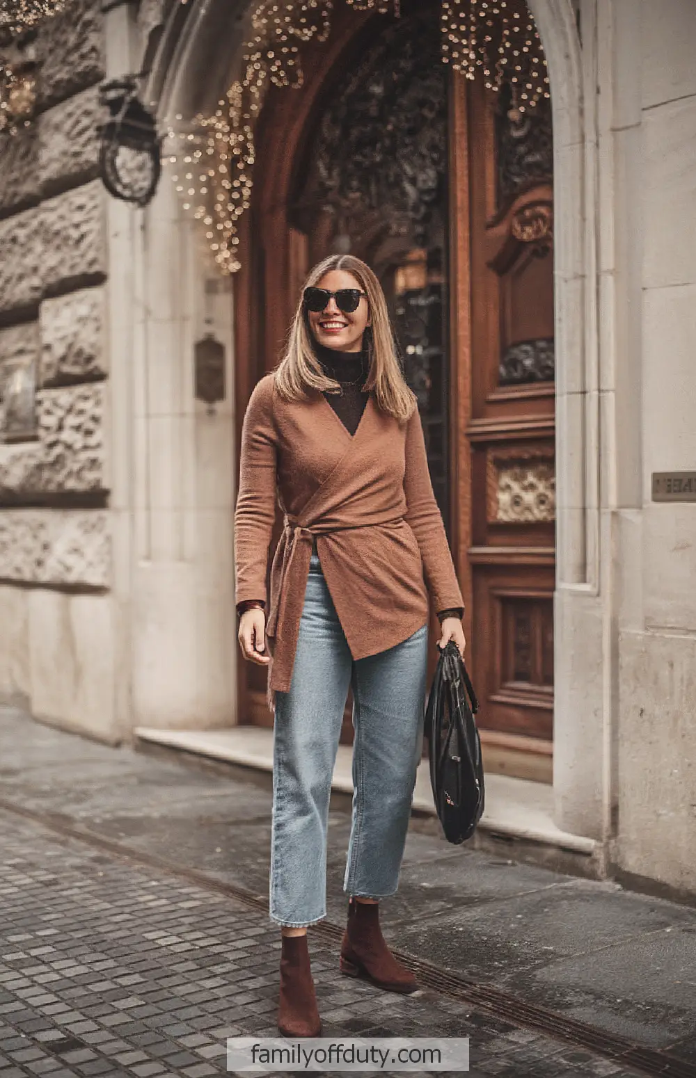 Spain December Outfit Ideas, Woman in stylish fall outfit with brown wrap sweater and jeans, walking outside a vintage building with festive lights.