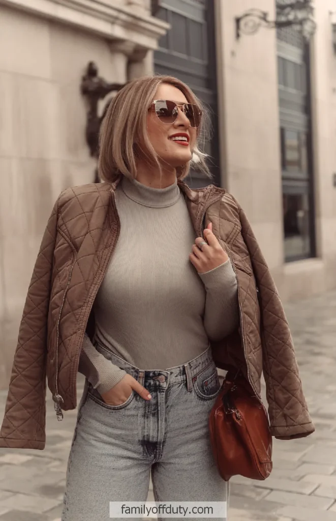 Fashionable woman in beige jacket and sunglasses smiling on a city street, casual chic style.