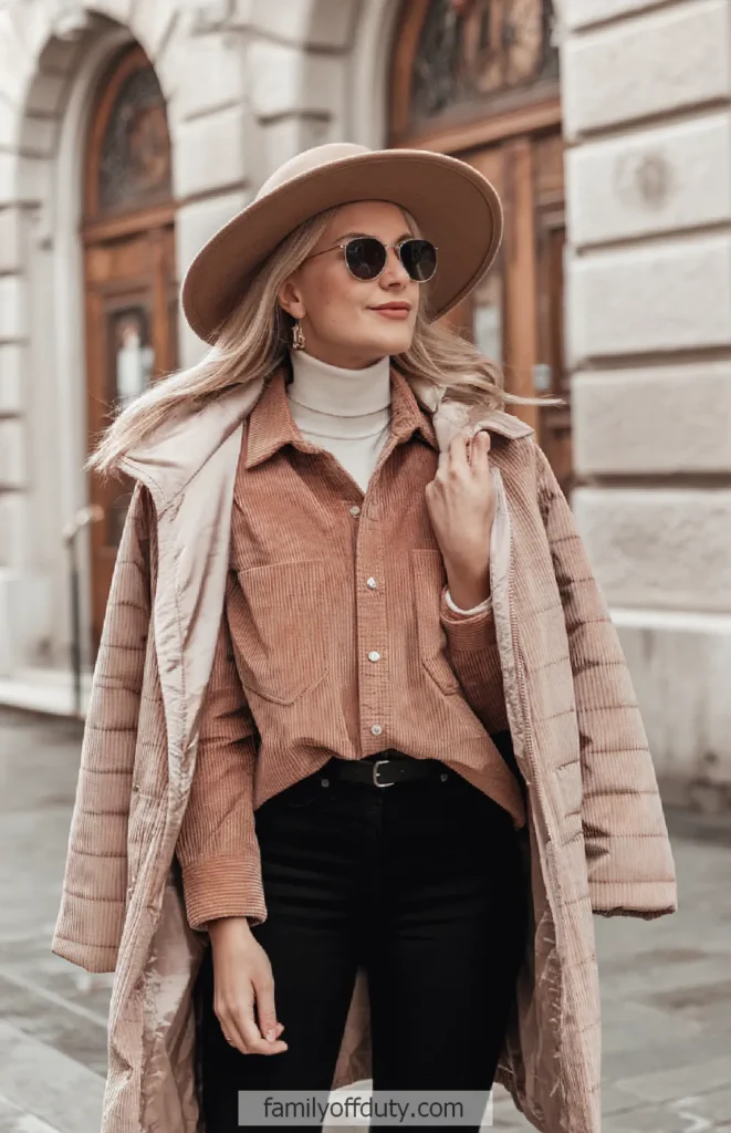 Stylish woman in hat and sunglasses wears a cozy fall outfit, walking confidently on a city street.