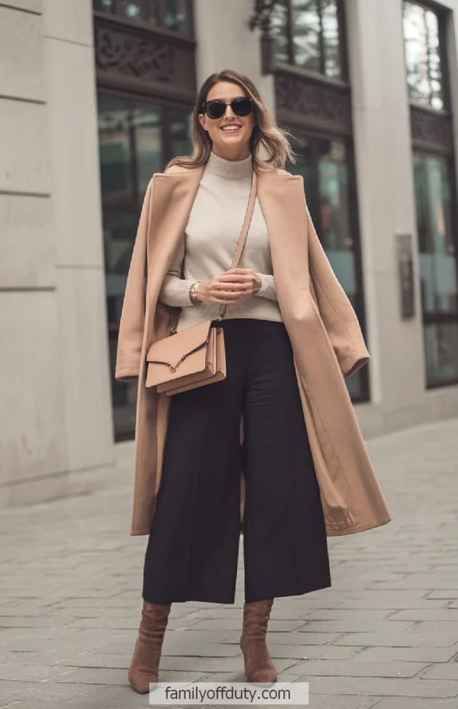 Stylish woman in camel coat and black trousers, wearing sunglasses, holding a beige purse in a city setting.