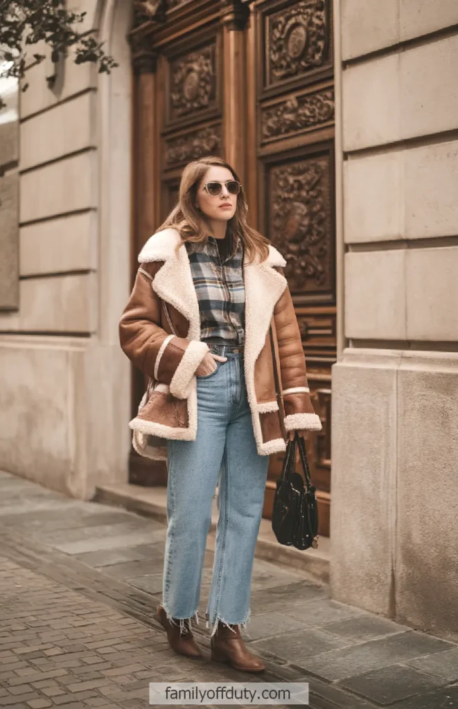 Woman in trendy shearling coat and jeans, holding a bag on a stylish city street with ornate wooden door.