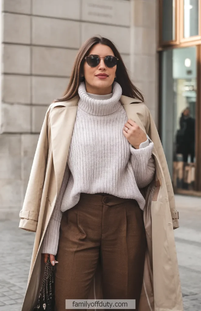 Woman in chic street style with a beige trench coat, sunglasses, and a turtleneck sweater.