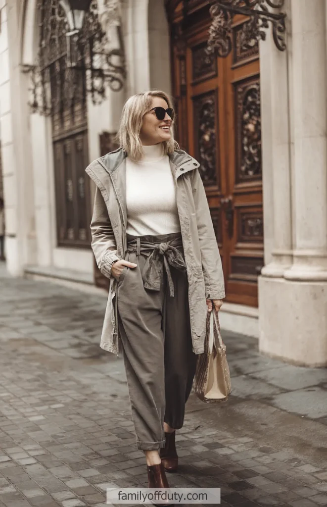 Stylish woman in a trench coat and sunglasses walking down a city street, carrying a handbag.
