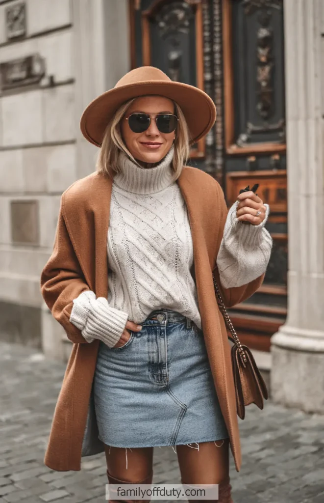 Stylish woman in a brown coat, white sweater, and denim skirt with a hat and sunglasses, standing outdoors.
